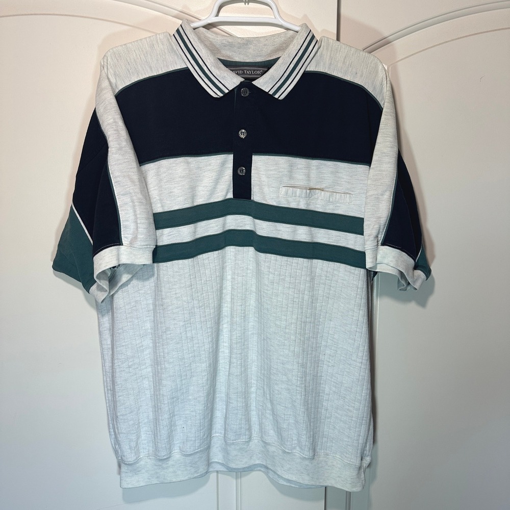 David Taylor‎ Vintage 90's Boxy Stripe Pocket Golf Polo Shirt Mens XL Grandpa